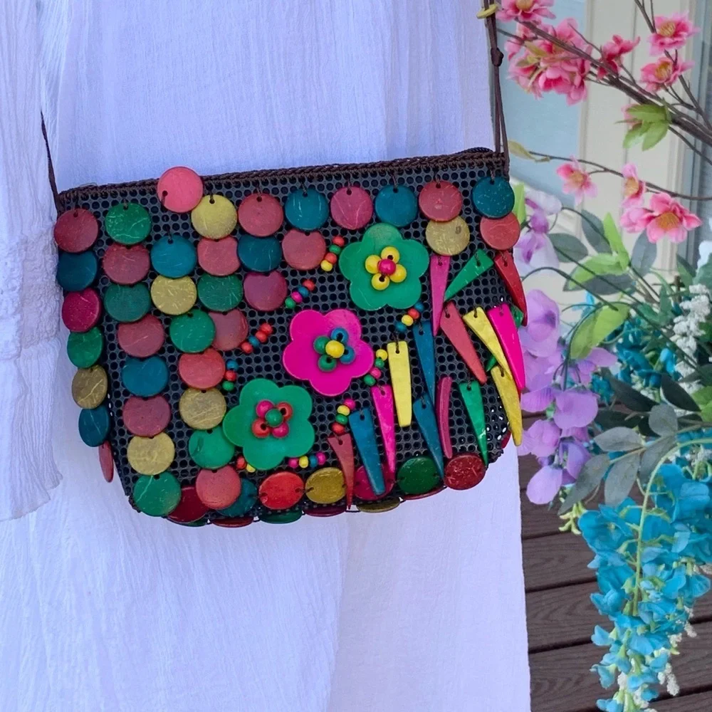 Multicolor Wooden Beaded‎ Sling Crossbody Bag